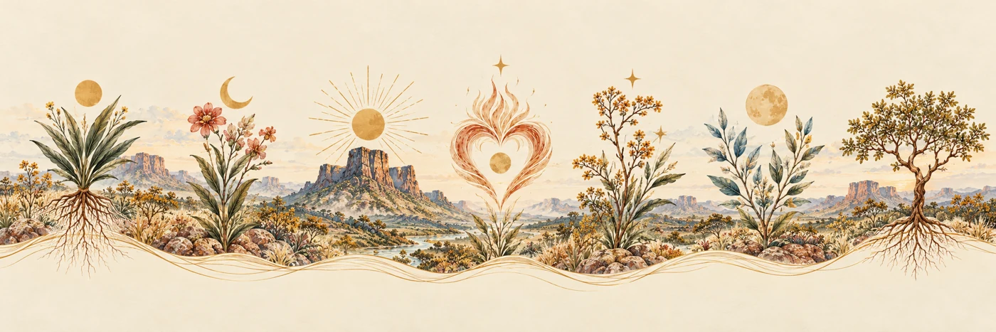Ilustrações botânicas: raiz, flor, sol, coração em chama, ramo, lua e árvore